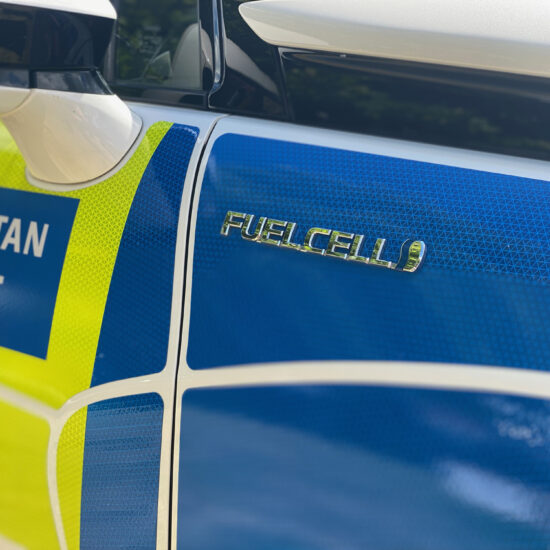 Fuel cell sign on Toyota Mirai hydrogen police car